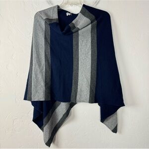 Bela NYC Poncho Shawl Wrap Sweater Pullover Striped Navy Blue Gray 100% Cashmere